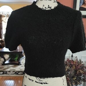 Vintage Black Short-Sleeve Fuzzy Knit Top
